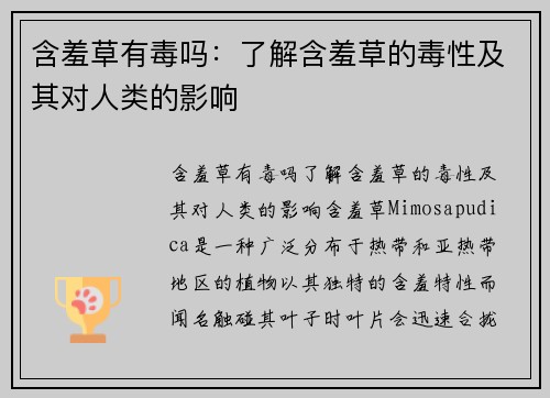 含羞草有毒吗:了解含羞草的毒性及其对人类的影响 含羞草有毒吗:了解含羞草的毒性及其对人类的影响